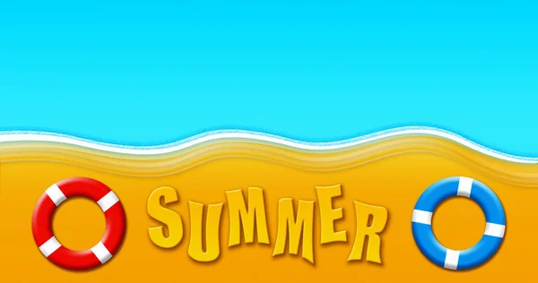 Sommerurlaub am tropischen Sandstrand mit Tauchermaske, Schwimmflossen, Sicherheitsringen und Seesternen-Illustration — Stockfoto