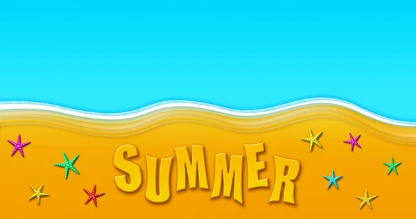 Letnie wakacje w tropikalnej piaszczystej plaży z starfishes. Ilustracja z góry Zobacz tło — Zdjęcie stockowe