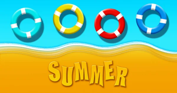 Letní prázdniny na tropické písečné pláži s tyrkysovou modrou vodou a plovoucími bezpečnostními kroužky vrcholový pohled na pozadí ilustrace — Stock fotografie