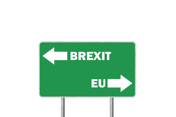 브렉시트 또는 유럽 연합. 영국과 EU 출발을 묘사하는 화살표가있는 도로 표지판 — 스톡 사진