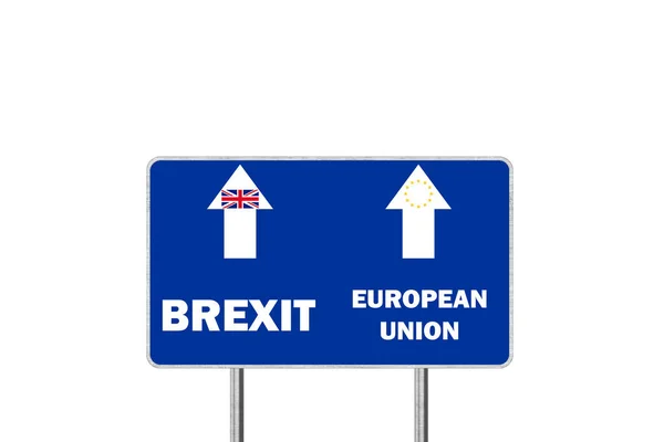 Brexit eller Europeiska unionen. Vägskylt med pilar som skildrar Storbritanniens och EU-avgång — Stockfoto