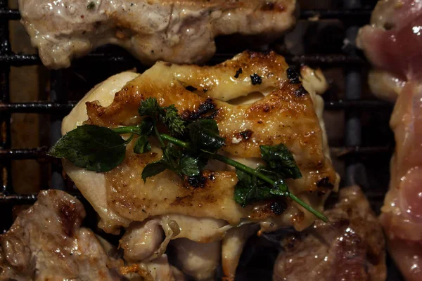 Carne de porco e frango Grelhar no churrasco — Fotografia de Stock