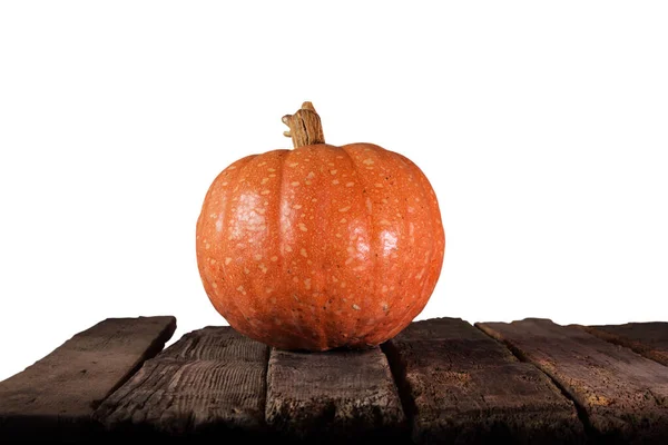 Calabaza para Halloween con espacio de copia descansando sobre tabla de madera aislada sobre fondo blanco — Foto de Stock