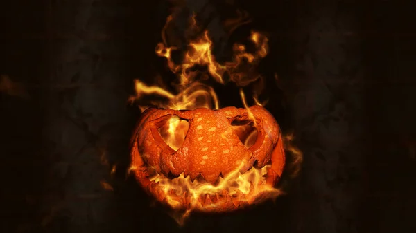 Calabaza de Halloween Jack O Linterna ardiendo en llamas en un ambiente asustadizo embrujado con parca y esqueletos — Foto de Stock