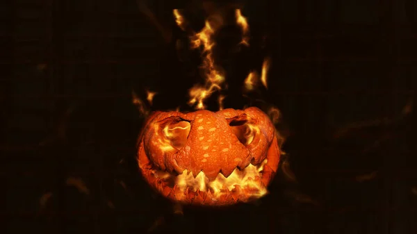 Απόκριες κολοκύθα Jack O Lantern καύση σε φλόγες σε ένα στοιχειωμένο τρομακτικό περιβάλλον με Grim Reaper και σκελετούς — Φωτογραφία Αρχείου