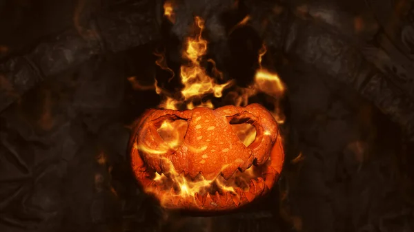 Halloween tök Jack O Lámpás Lángokban égő kísérteties hangulat Kaszás és csontvázak — Stock Fotó