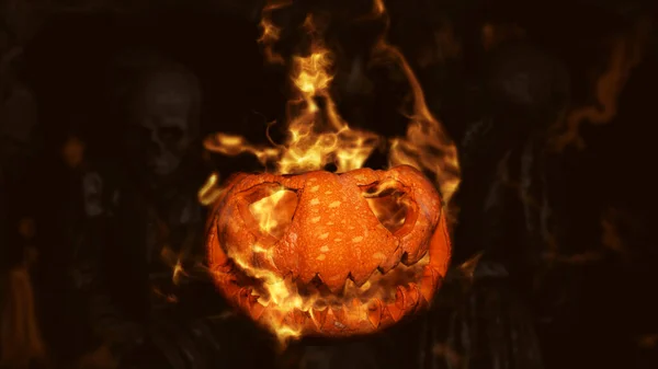 Abóbora de Halloween Jack O Lanterna Ardendo em chamas em um ambiente assustador assombrado com Ceifador Sombrio e Esqueletos — Fotografia de Stock