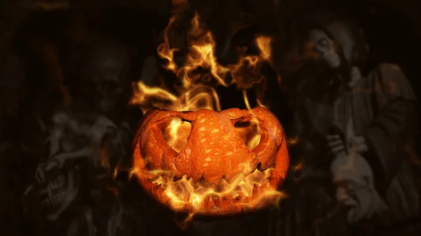 Calabaza de Halloween Jack O Linterna ardiendo en llamas en un ambiente asustadizo embrujado con parca y esqueletos —  Fotos de Stock