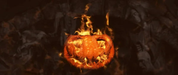 Calabaza de Halloween Jack O Linterna ardiendo en llamas en un ambiente asustadizo embrujado con parca y esqueletos —  Fotos de Stock