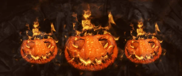 Хэллоуин тыква Джек О Фонарь горит в огне в привидениях страшной окружающей среды с косой Жнец и скелетов — стоковое фото
