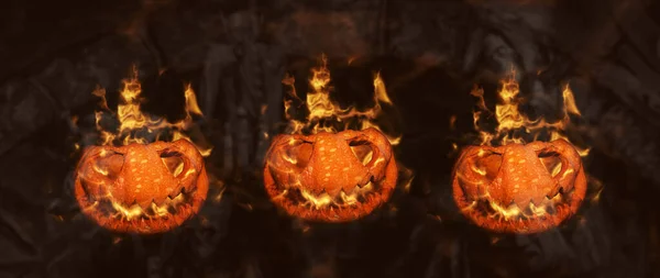 Хэллоуин тыква Джек О Фонарь горит в огне в привидениях страшной окружающей среды с косой Жнец и скелетов — стоковое фото