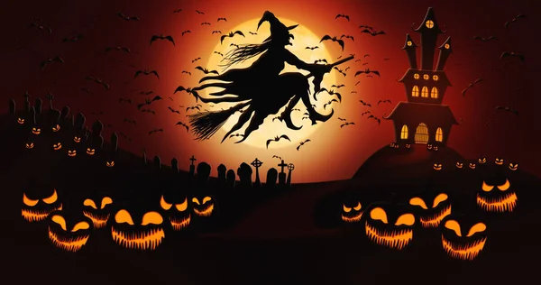 Halloween Pumpkins at Cemetery with Bats Flying and Witch Riding the Broom Against Full Moon Sky with Haunted Mansion in the Background — Stock Photo, Image