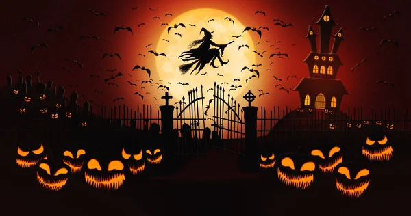 Halloween Pumpkins at Cemetery with Bats Flying and Witch Riding the Broom Against Full Moon Sky with Haunted Mansion in the Background — Stockfoto