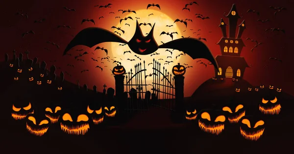 Halloween Pumpkins at Cemetery with Bats Flying Against Full Moon Sky with Haunted Mansion in the Background — Stockfoto