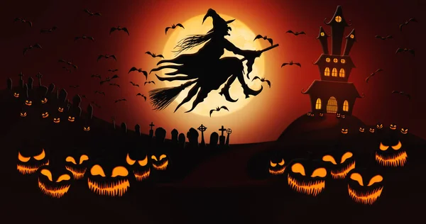 Halloween Pumpkins at Cemetery with Bats Flying and Witch Riding the Broom Against Full Moon Sky with Haunted Mansion in the Background — Stockfoto