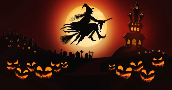 Halloween pompoenen op het kerkhof met heks paardrijden de Broom tegen volle maan hemel met spookhuis op de achtergrond — Stockfoto