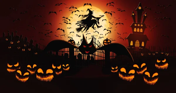 Halloween Pumpkins at Cemetery with Bats Flying and Witch Riding the Broom Against Full Moon Sky with Haunted Mansion in the Background — Stockfoto