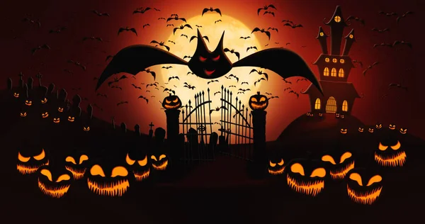 Halloween Pumpkins at Cemetery with Bats Flying and Witch Riding the Broom Against Full Moon Sky with Haunted Mansion in the Background — Stockfoto