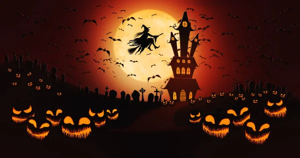 Halloween dýně na hřbitově s netopýry létání a čarodějnice na koštěti proti úplňku nebe s strašidelné sídlo v pozadí — Stock fotografie