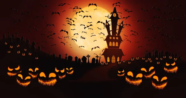 Halloween Pumpkins at Cemetery with Bats Flying Against Full Moon Sky with Haunted Mansion in the Background — Stock Photo, Image