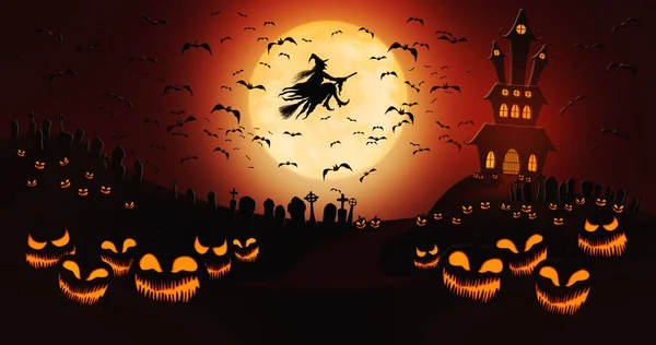 Halloween Pumpkins at Cemetery with Bats Flying and Witch Riding the Broom Against Full Moon Sky with Haunted Mansion in the Background — Stockfoto