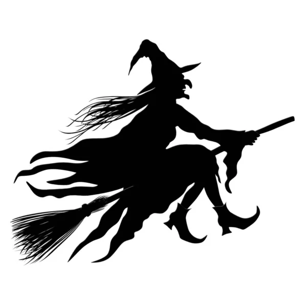 Witch Riding The Broom Isolado em fundo branco. Silhueta preta — Fotografia de Stock