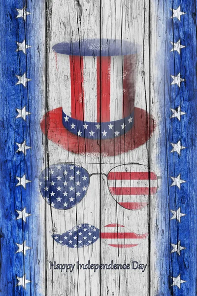 Glücklicher Unabhängigkeitstag Uncle Sams Hut Schnurrbärte Und Sonnenbrille Auf Rustikalem — Stockfoto