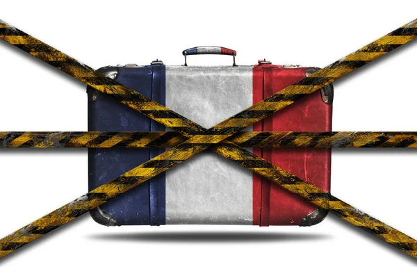 Ніякої Подорожі Франції Через Коронавірус Ковід Вінтажна Шкіряна Валіза Прапором — стокове фото
