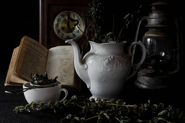 Tea Party Tasse Tee Und Teekanne Auf Holztisch Mit Alter — Stockfoto