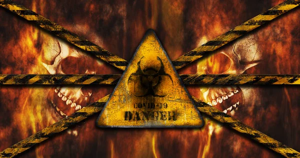 燃える炎の中で燃える人間の頭蓋骨に対するバイオハザードサインと注意のテープ3Dレンダリング — ストック写真
