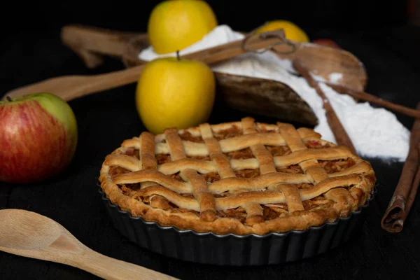 Homemade Lattice Apple Pie Cinnamon Old Textured Wooden Background — Stock Photo, Image