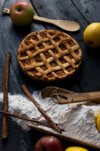 Homemade Lattice Apple Pie Cinnamon Old Textured Wooden Background — Stock Photo, Image