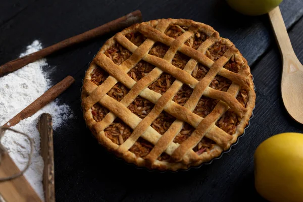 Homemade Lattice Apple Pie Cinnamon Old Textured Wooden Background Top — Stock Photo, Image