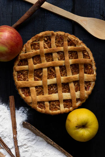 Homemade Lattice Apple Pie Cinnamon Old Textured Wooden Background Top — Stock Photo, Image