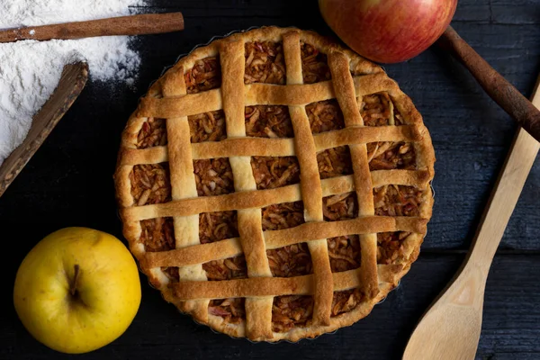 Homemade Lattice Apple Pie Cinnamon Old Textured Wooden Background Top — Stock Photo, Image