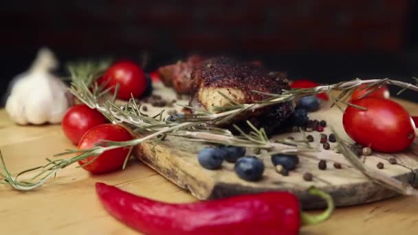 Goose Breast Christmas Roast Blueberries Tomatoes Red Peppers Rosemary Served — Stock Video