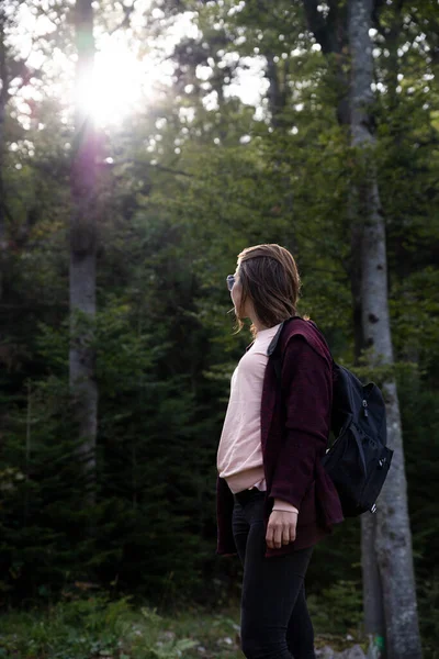 Woman hiker at mountain forest shined by the sun at sunset