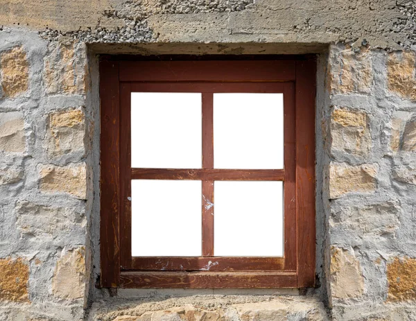 stock image Vintage wooden window on a rustic cabine stone wall with blank space for copy