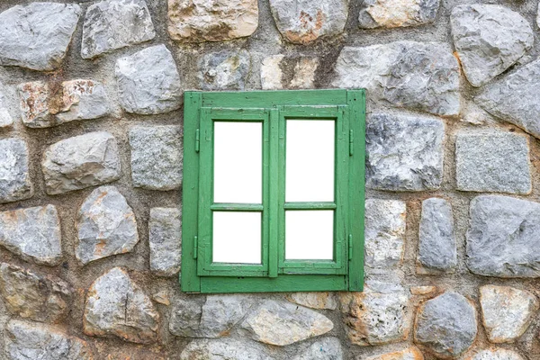 Vintage Houten Raam Een Rustieke Cabine Stenen Muur Met Lege — Stockfoto