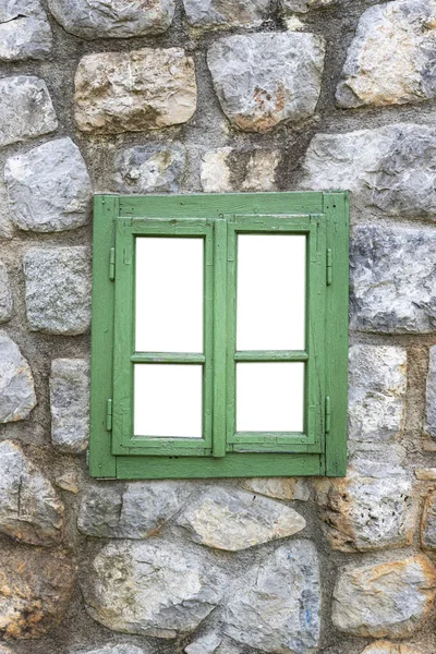 Vintage Houten Raam Een Rustieke Cabine Stenen Muur Met Lege — Stockfoto