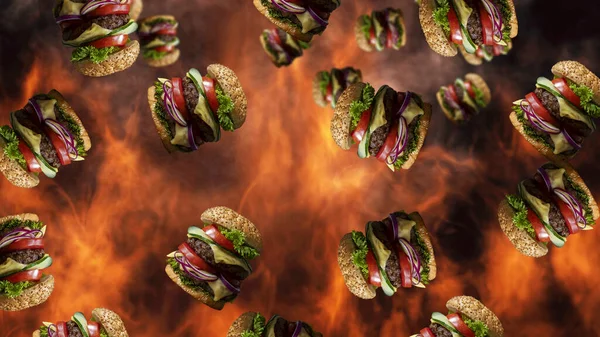 Гамбургер Падає Димом Палає Вогнем Задньому Плані Промо Меню Фаст — стокове фото
