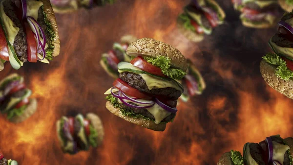 Hamburgery Spadające Dymu Płonący Ogień Tle Fast Food Menu Promo — Zdjęcie stockowe