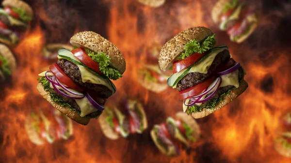 Hambúrgueres Caindo Com Fumaça Queimando Fogo Fundo Fast Food Menu — Fotografia de Stock