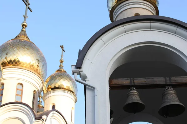 Campanilla Iglesia Dos Campanas Hierro Fundido Templo Diseño Tradicional Bajo — Foto de Stock