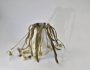 Vazodaki kurumuş kar damlaları beyaz bir zemine gölge düşürüyor.