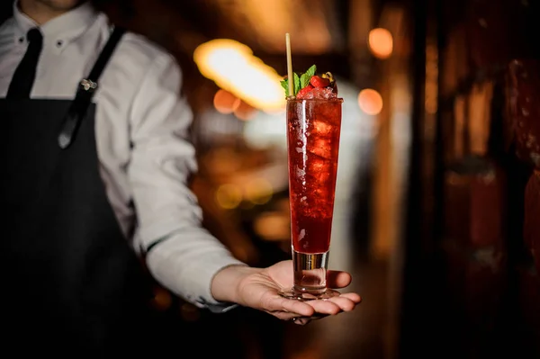 Barman Bedrijf Verse Heerlijke Rode Zomer Cocktail Het Glas Decoratieve — Stockfoto