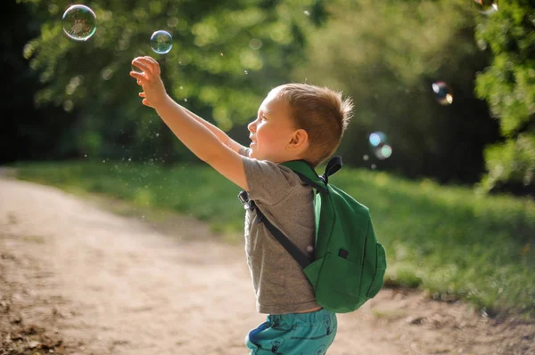Kleiner Junge Spielt Einem Sonnigen Tag Grünen Sommerpark Mit Seifenblasen — Stockfoto