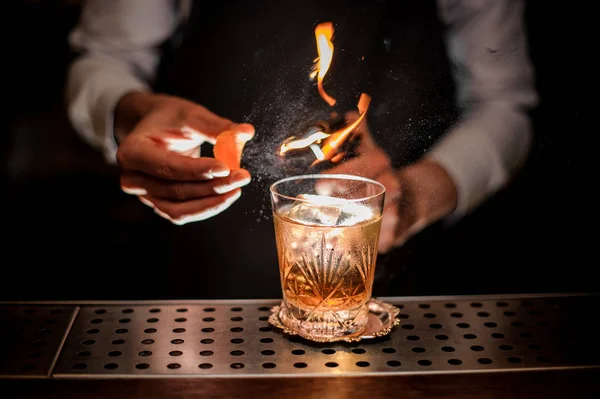 Barman Making Fresh Tasty Old Fashioned Cocktail Orange Peel Smoke — Stock Photo, Image