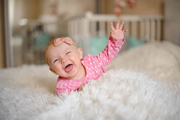 Little Laughing Girl Bow Her Head Lying White Cozy Bed — Stock Photo, Image