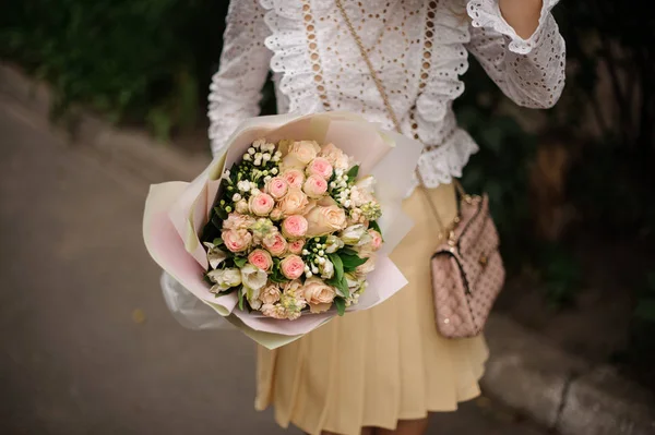 Girl White Shirt Beige Skirt Holding Her Hands Beautiful Bouquet — Stock Photo, Image